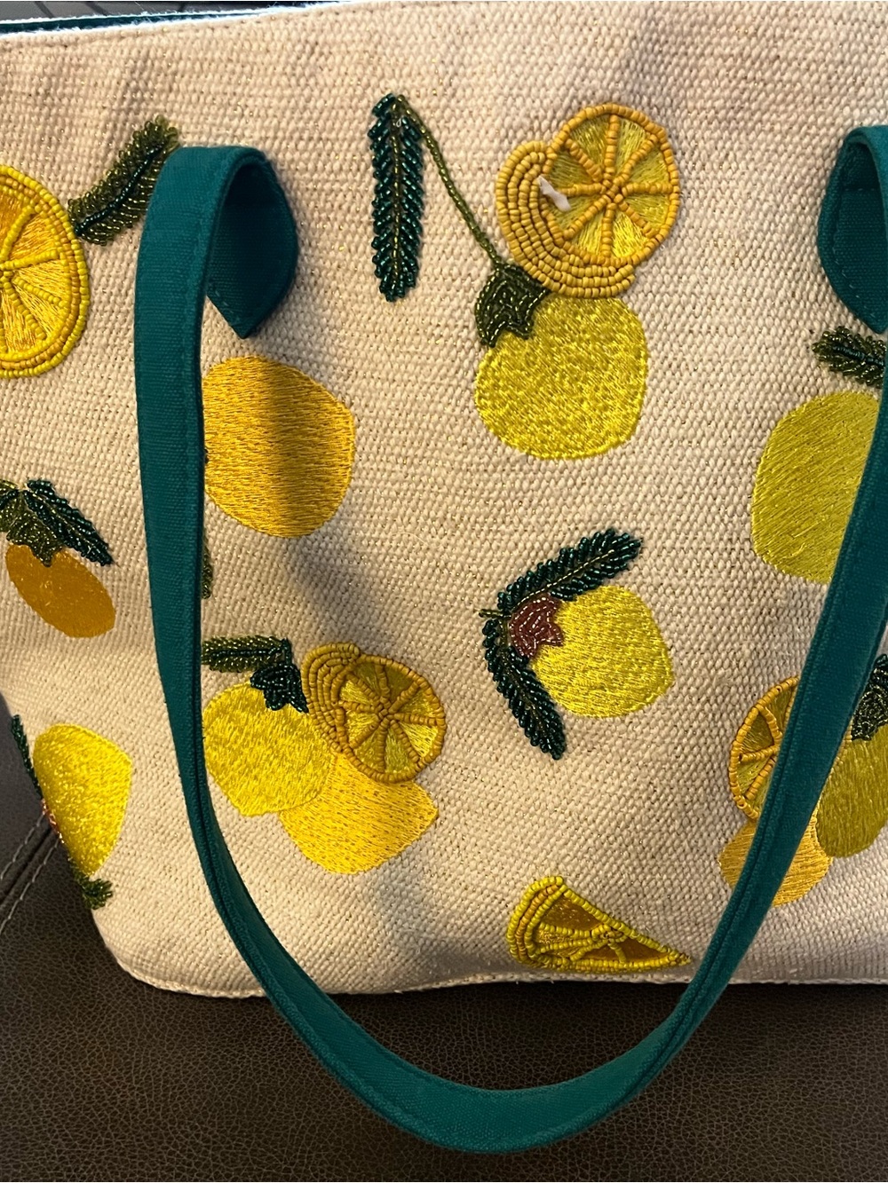 Embroidered Beaded Lemon Canvas Tote Bag